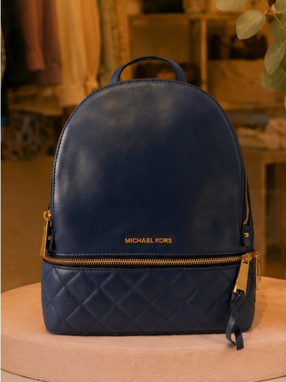 Michael Kors Navy Quilted Leather Backpack with Gold Hardware